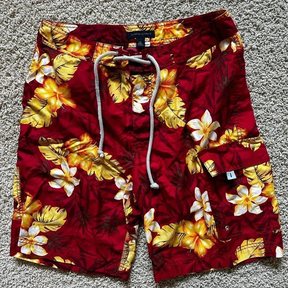 Banana Republic Men’s Hawaiian Floral Swim Trunks Board Shorts Pockets 32